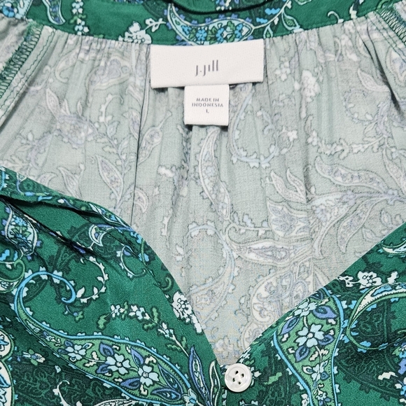 J. Jill Womens Ruffled Satin Top Paisley Tunic Top Button Up Cottagecore Green L - Picture 10 of 13